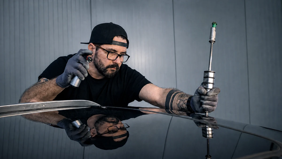 Techniker mit Ausbeulwerkzeug arbeitet konzentriert an einer Fahrzeugoberfläche