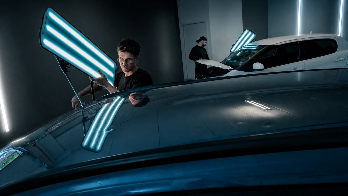 Zwei Techniker arbeiten in der Werkstatt mit LED-Streifenleuchten an Fahrzeugoberflächen