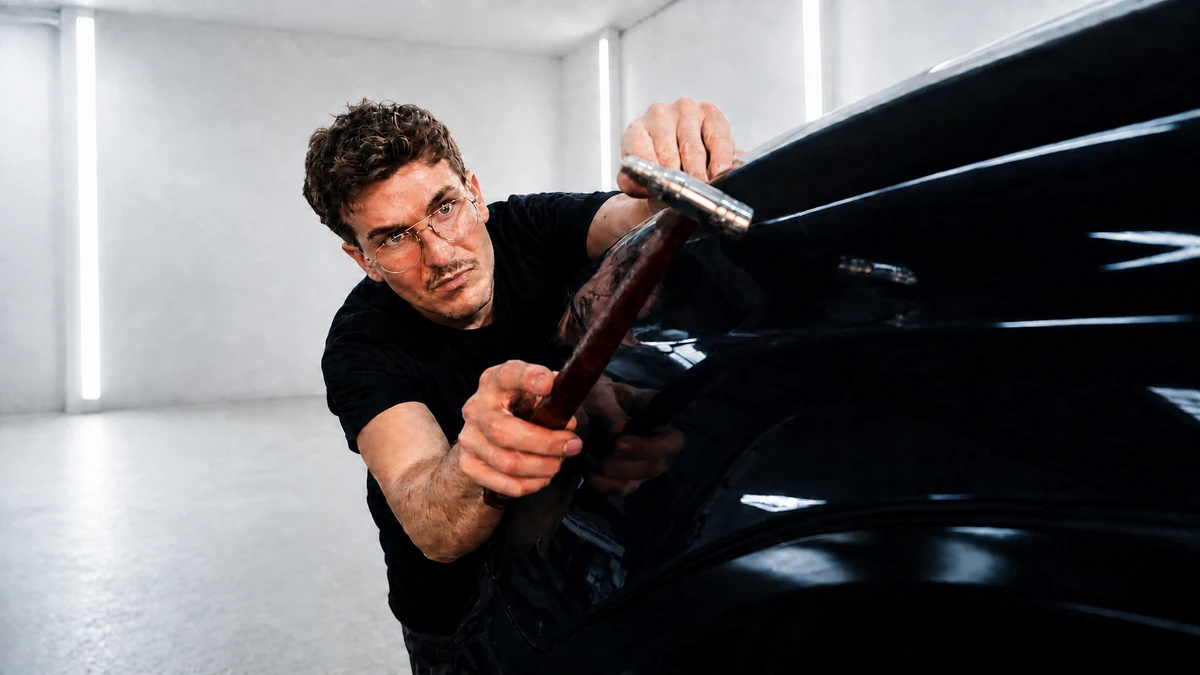 Techniker mit Ausbeulhebel arbeitet konzentriert an einer schwarzen Fahrzeugkarosserie