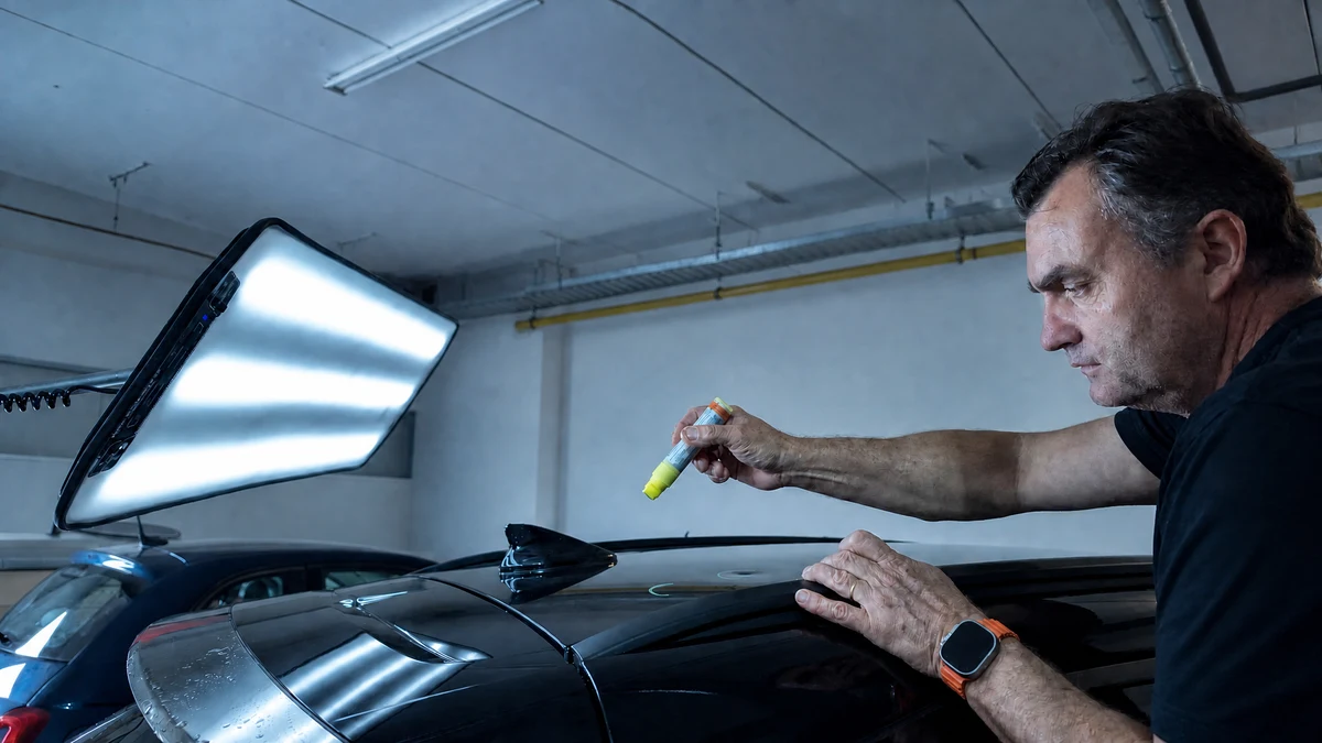 Techniker prüft Fahrzeugoberfläche mit Markierstift unter Lichtpanel